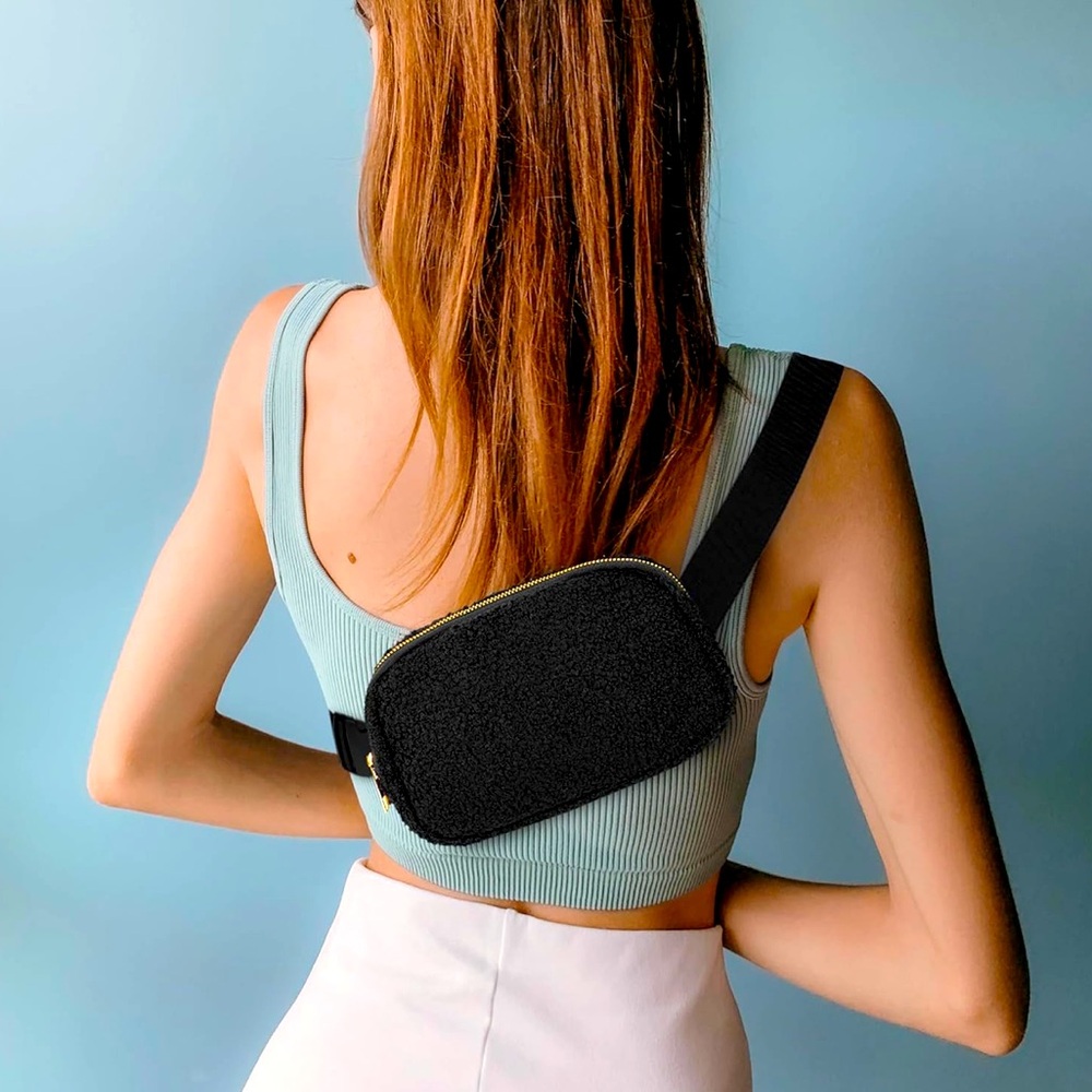 NEW! Black Fleece Crossbody Fanny Pack Adjustable Waist Pack Hiking Travel